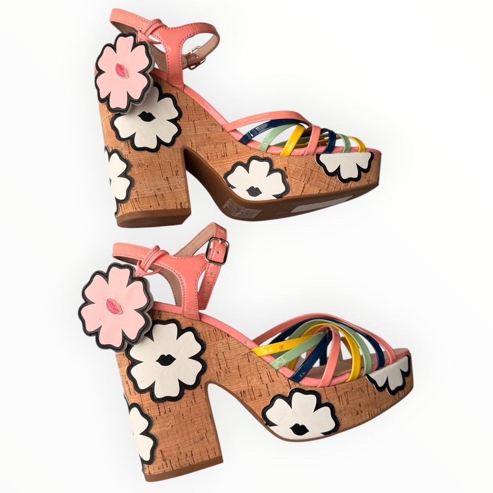 Kate Spade New York Gerry Leather Platform Sandals 9M Floral Cork Strappy Pink